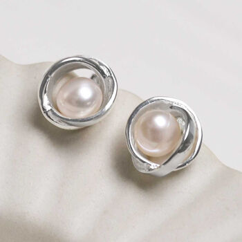 Sterling Silver Designer Round Pearl Studs, 9 of 10
