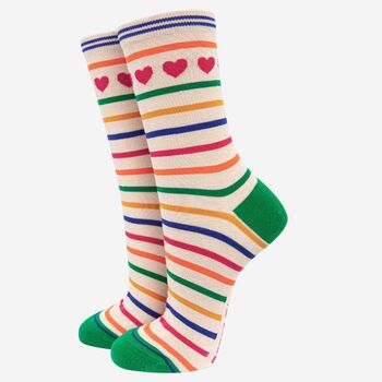 Women's Bamboo Socks Rainbow Stripe Heart Print, 2 of 4