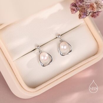 Sterling Silver Genuine Freshwater Pearl And Mobius Circle Dangle Drop Earrings, 7 of 12