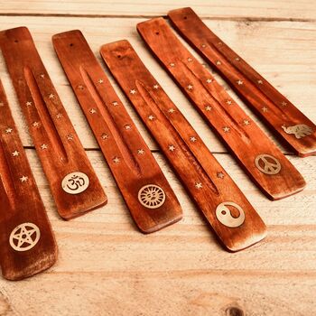 Wooden Incense Stick Holder Brass Design Ash Catcher, 8 of 12