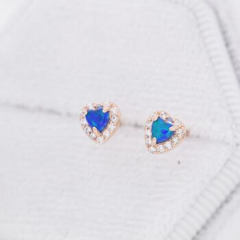 Tiny Blue Opal Heart Cz Stud Earrings Sterling Silver, 6 of 11