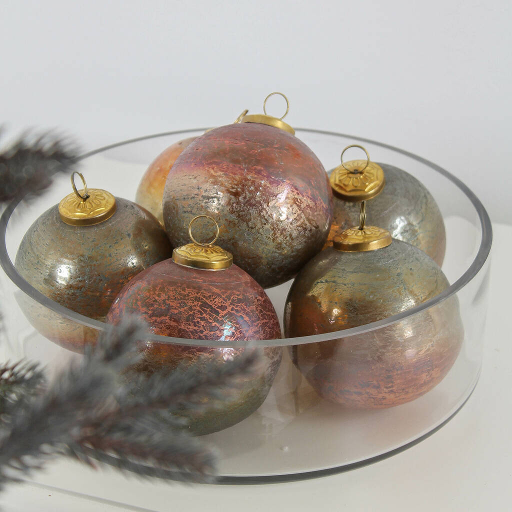 Six Green And Bronze Aged Glass Baubles By Marquis & Dawe