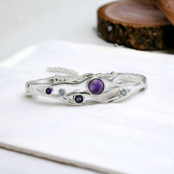 Hinged Sterling Silver Amethyst Iolite And Topaz Bangle, 3 of 8