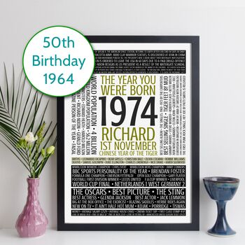 Personalised 50th Birthday Print Year Facts 1974 Gift, 8 of 11