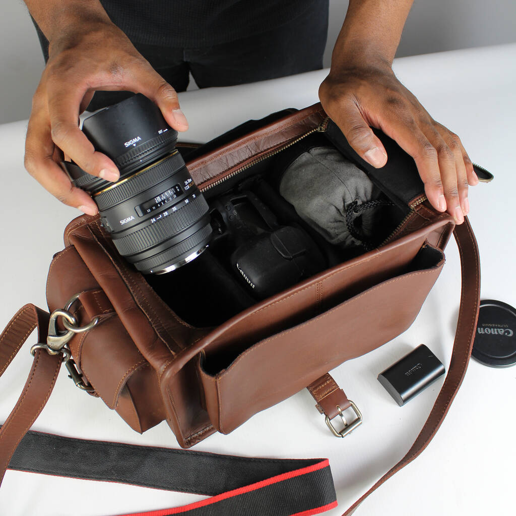 'emerson' Personalised Leather Camera Bag Conker Brown By Vintage Child