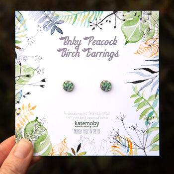 Inky Peacock Birch Hypoallergenic Tiny Stud Earrings, 3 of 12