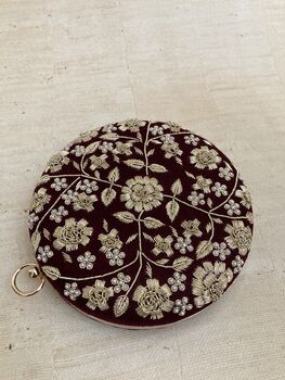 Delhi Maroon Handcrafted Circular Velvet Clutch, 5 of 6