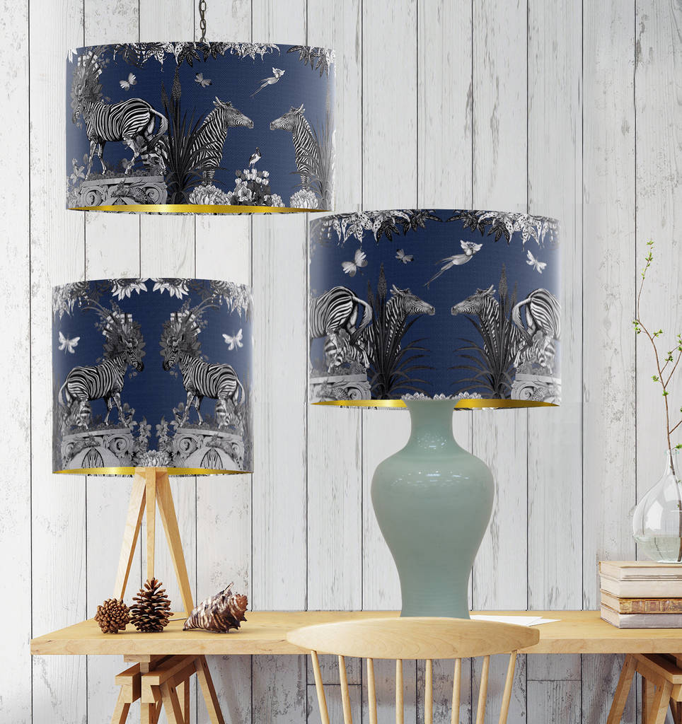 Zebra Lampshade Livoris Feritas, Blue With Gold Lining By FabFunky Home