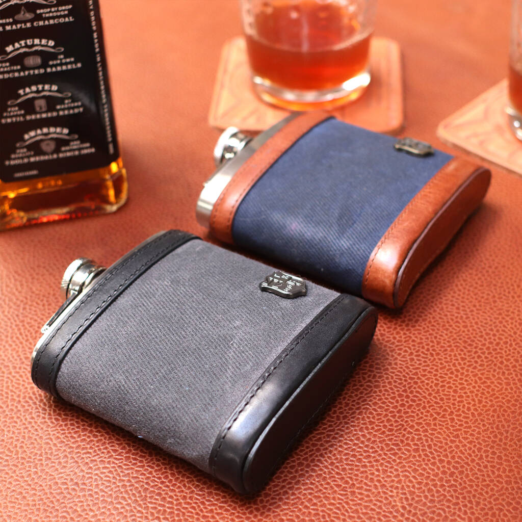 Leather And British Waxed Canvas Hip Flask, 1 of 6