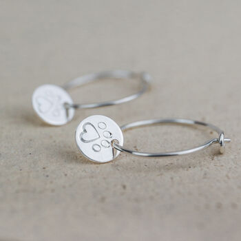 Sterling Silver Heart Paw Print Charm Hoops, 2 of 3