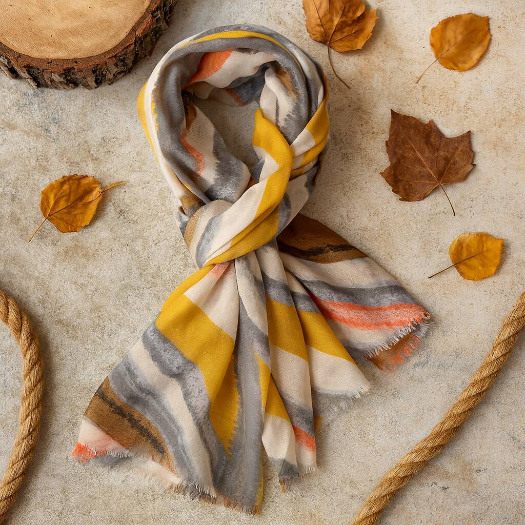 Abstract Mustard Stripes Print Scarf, 1 of 6