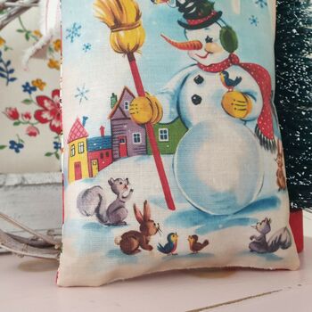 Vintage Christmas Snowman Illustration Fabric Pillow, 4 of 6