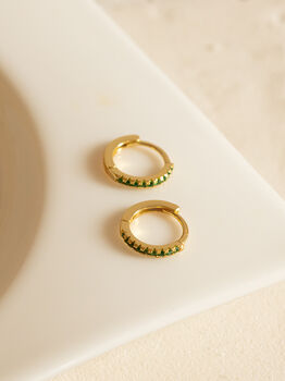 Emerald Green Hoop Earrings 18ct Gold Plated, 4 of 4