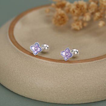 Sterling Silver Purple Hydrangea Flower 18 G Screw Back Stud Earrings With Ball Backs, 5 of 10