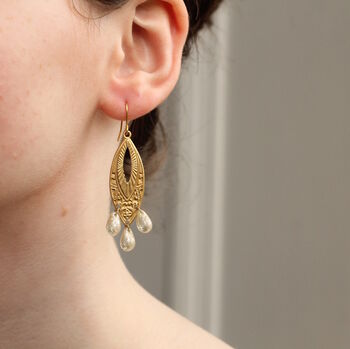 Art Deco Chandelier Earrings With Pearl Glass Drops, 3 of 7