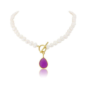 Mustique White Pearl Necklace With Aqua Chalcedony Drop, 4 of 6