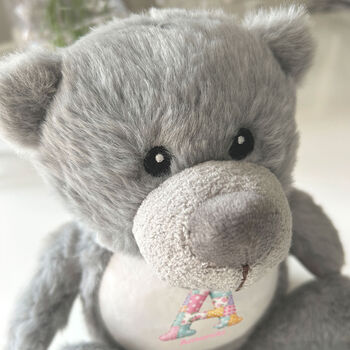 Personalised Patchwork Alphabet New Baby Teddy Bear, 2 of 6