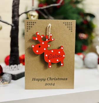 Personalised Reindeer Red Christmas Decoration And Card, 7 of 8