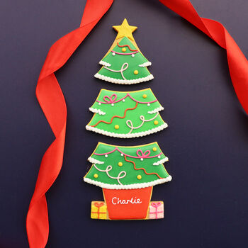 Biscuiteers Hand Iced Personalised Christmas Tree Large Letterbox Biscuits, 2 of 3