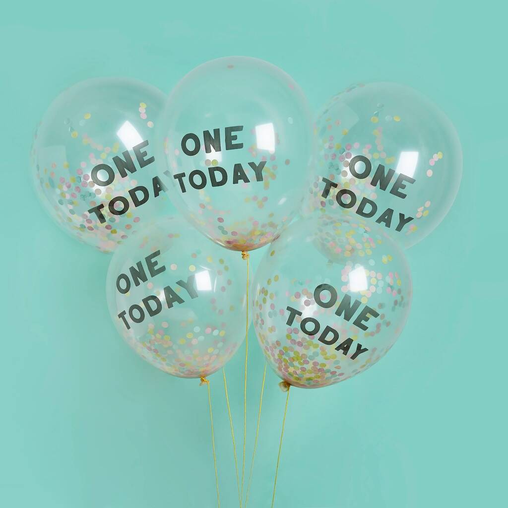 Five 'One Today' Rainbow Confetti Balloons, 1 of 2