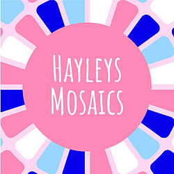 Hayleys Mosaics logo. A pink circle surrounded by small blue and white shapes 