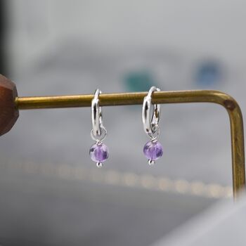 Sterling Silver Natural Lilac Purple Amethyst Bead Huggie Hoop Earrings, 4 of 12