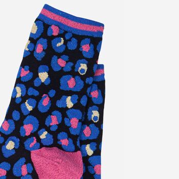 Women's Leopard Print Glitter Bamboo Socks Blue, 3 of 3