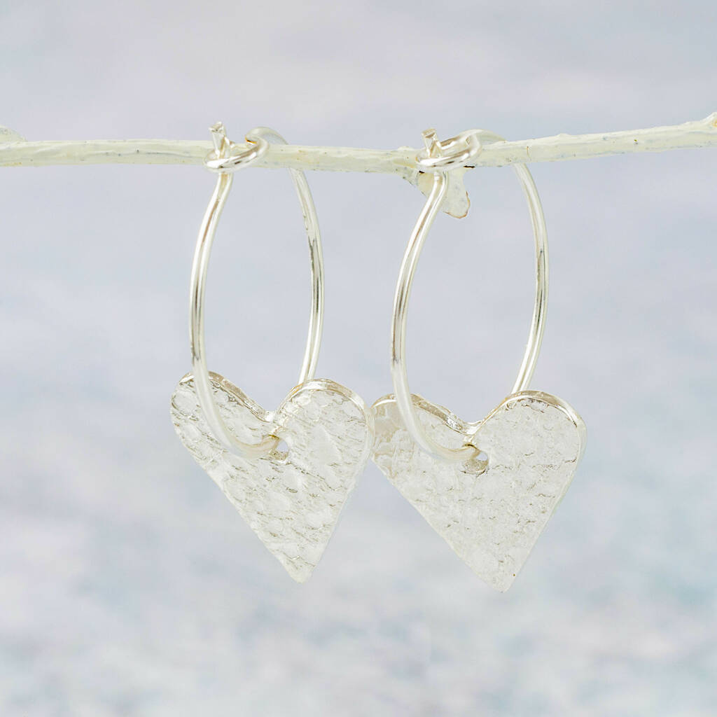 silver hoop earrings with heart charm