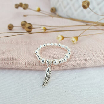 Sterling Silver 925 Feather Charm Stretch Bead Ring, 2 of 6