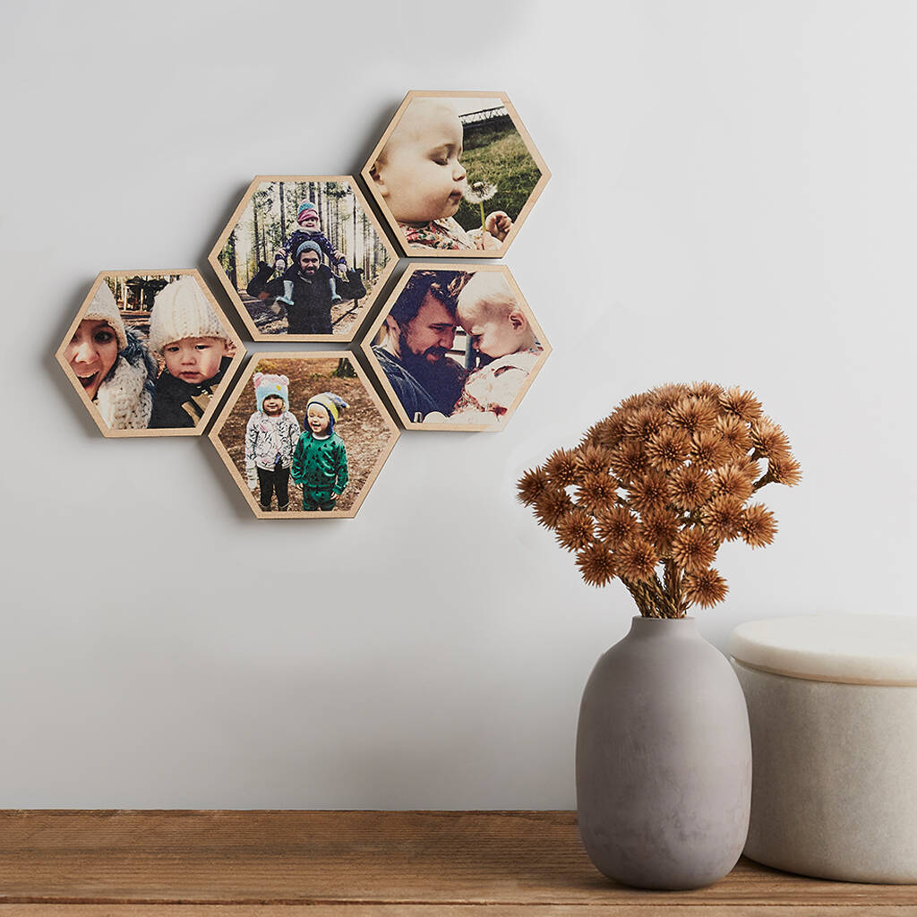 Personalised Photo Wooden Small Hexagon Wall Art Set, 1 of 3