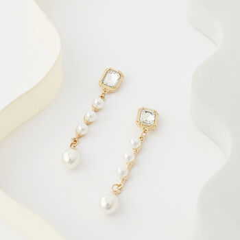 Square Crystal And Pearl Tier Drop Long Earrings, 3 of 3