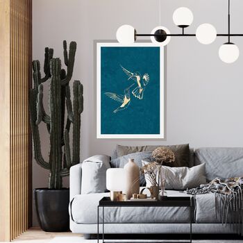 Two Turquoise Gold Hummingbird Wall Art Prints, 3 of 5