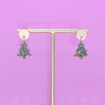 Rainbow Glitter Acrylic Christmas Tree Dangle Earrings, 3 of 5