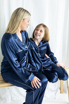 Personalised Girl's Navy Satin Pyjama's, 8 of 9