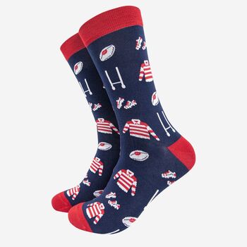 Men's Rugby Bamboo Socks In Navy And Red, 2 of 4