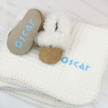 Personalised Lambswool And Sheepskin Cosy Baby Gift Set, 7 of 9