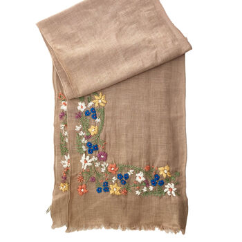 Hand Embroidered 100% Linen Scarf In Soft Brown Floral, 2 of 5