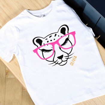 Kids Personalised Cheetah With Glasses T Shirt, 2 of 5