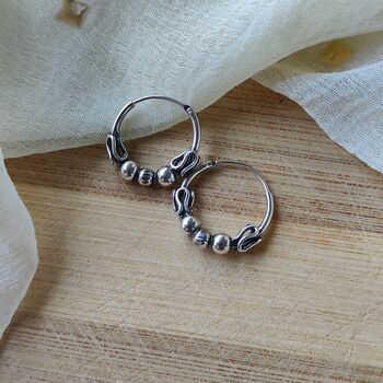 Silver Sterling Oxidised Wired Ball Tribal Hoops, 2 of 4