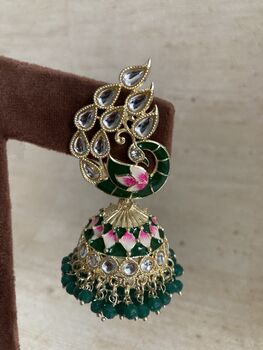 Statement Peacock Emerald Indian Earrings, 2 of 3