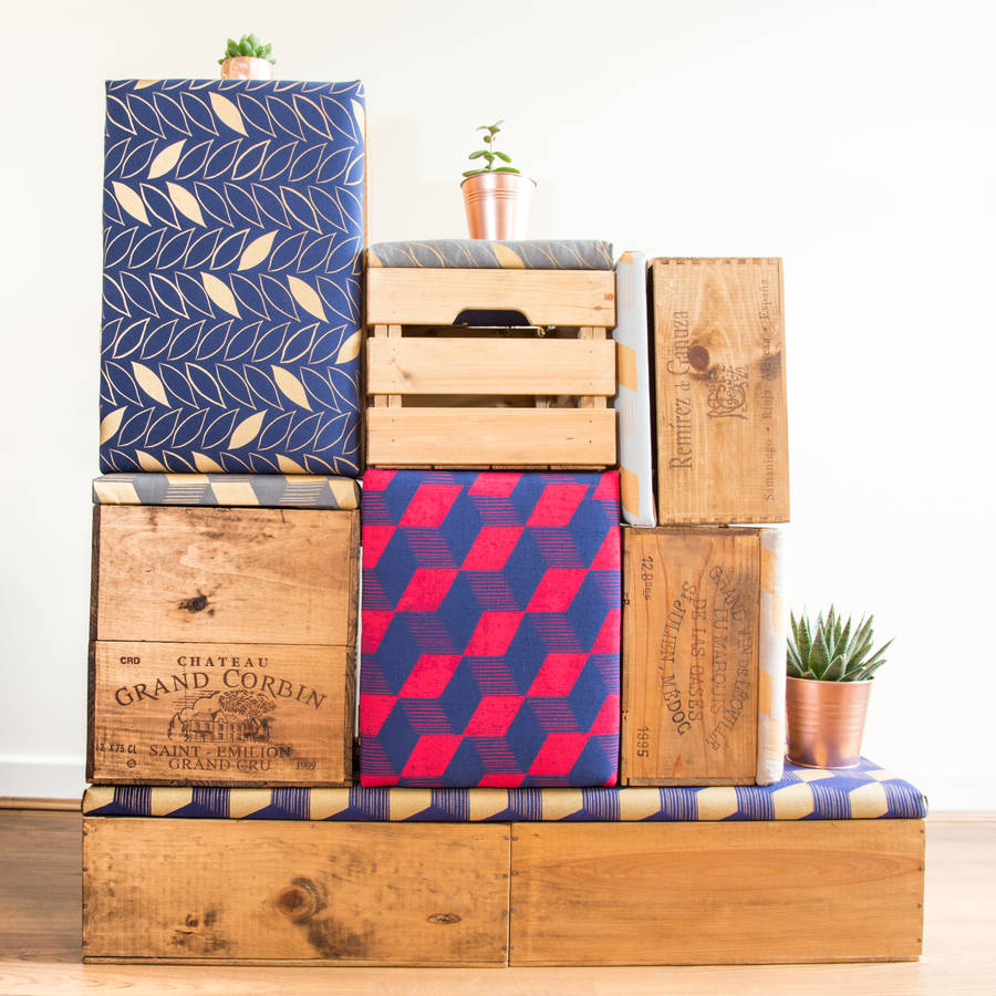 Upcycled Geometric Wine Crate Footstool, Wooden Bottle Crate Footstool