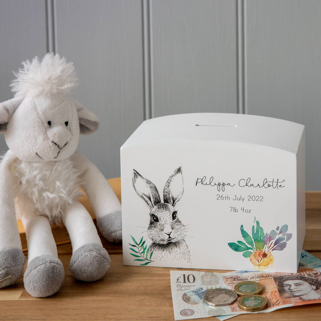 Personalised Woodland Bunny Rabbit Money Pot Piggy Bank, 1 of 7