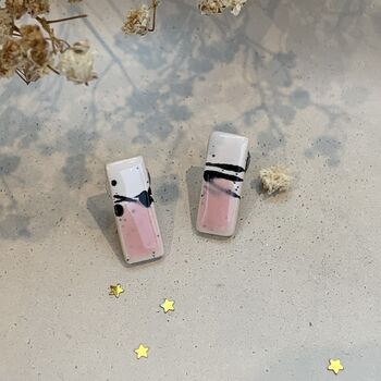 Baby Pink Ceramic Bar Stud Earrings Abstract Splatter Minimalist Studs, 5 of 7