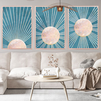 Set Of Three Boho Sun Turquoise Blue Wall Art Prints, 2 of 3
