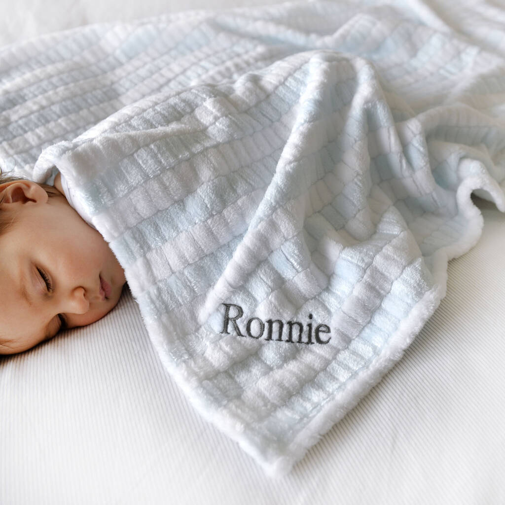 Personalised Soft Blue And White Jacquard Baby Blanket By A Type Of Design
