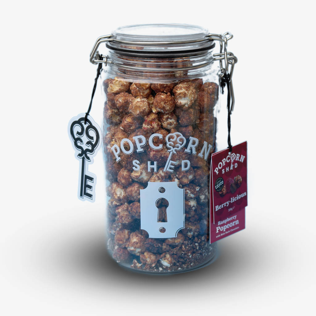 raspberry and chocolate gourmet popcorn gifting jar by popcorn shed