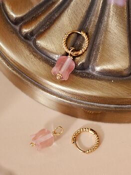 Natural Rose Quartz Lily Twisted Huggie Hoop Earrings, 8 of 10