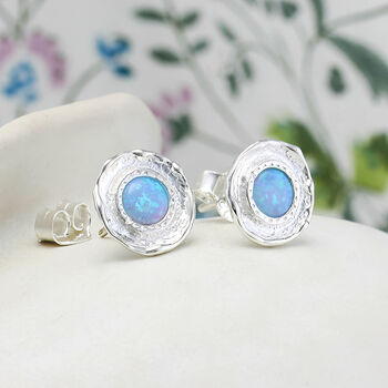 Molten Sterling Silver Framed Blue Opal Stud Earrings, 2 of 9