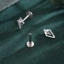 Sterling Silver Art Deco Inspired Tiny Rhombus Cz Internally Threaded Flat Back Earrings, thumbnail 2 of 9