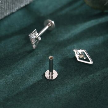 Sterling Silver Art Deco Inspired Tiny Rhombus Cz Internally Threaded Flat Back Earrings, 2 of 9